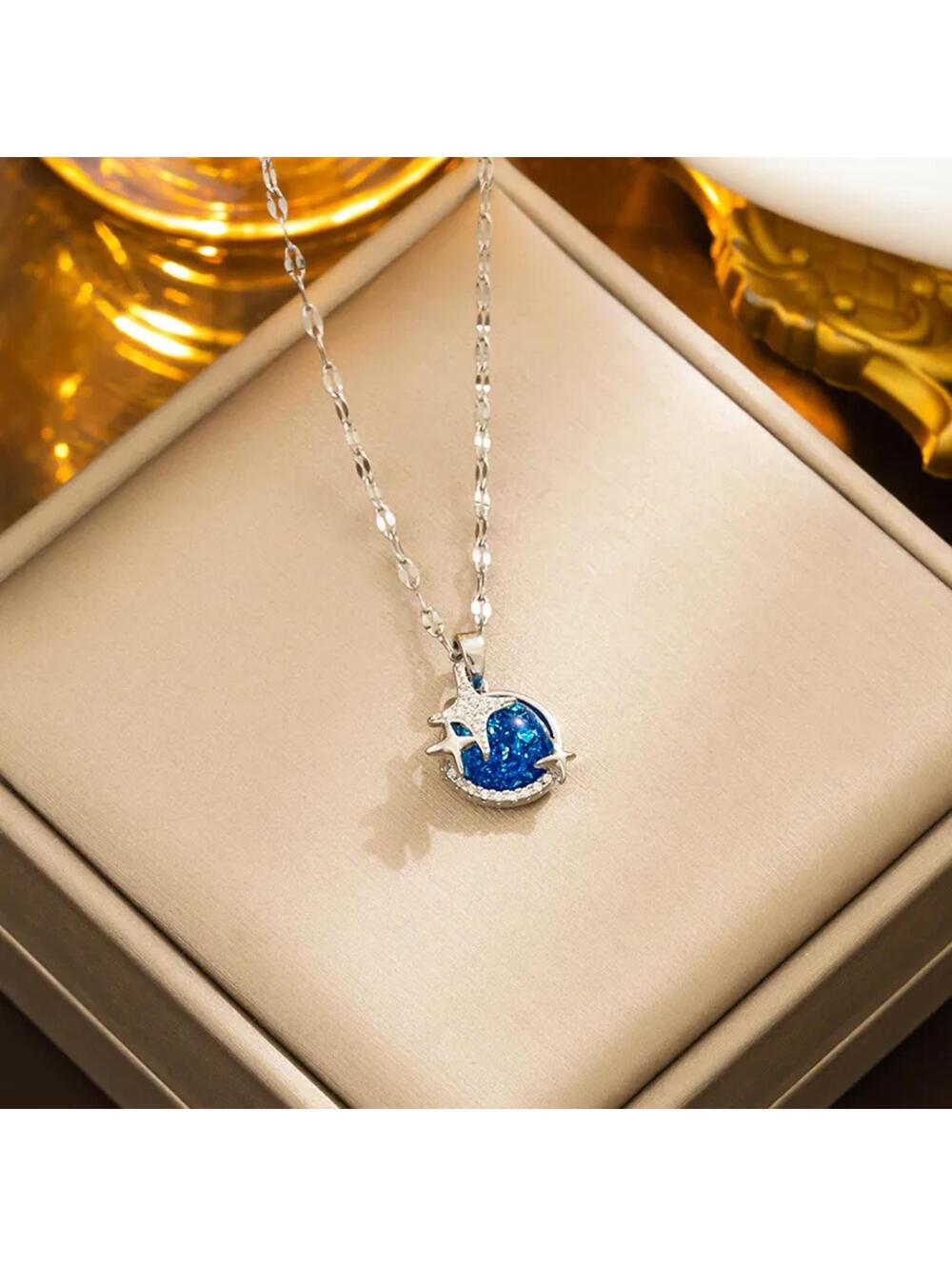 Blue planet and stars - Necklace - Silver - CZs - 18"